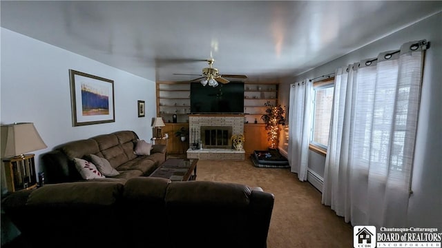 3738 E Lake Rd, Dunkirk-Town, NY 14048 - carpeted living room with baseboard heating, ceiling fan, a fireplace, and built in shelves