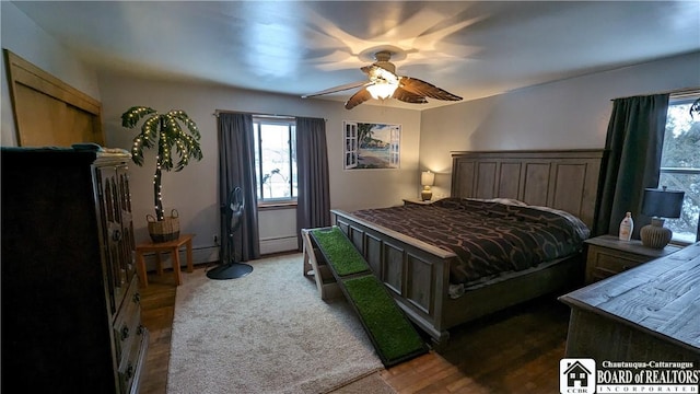 3738 E Lake Rd, Dunkirk-Town, NY 14048 - bedroom featuring a baseboard heating unit, a ceiling fan, and wood finished floors