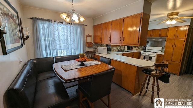 3738 E Lake Rd, Dunkirk-Town, NY 14048 - kitchen with white gas range, a peninsula, brown cabinets, wood finished floors, and a ceiling fan