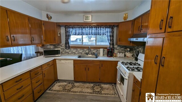 3738 E Lake Rd, Dunkirk-Town, NY 14048 - kitchen featuring white appliances, a sink, under cabinet range hood, light countertops, and tasteful backsplash