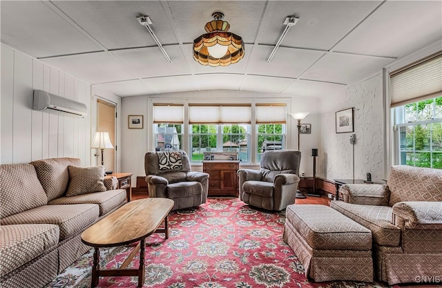 2810 Genesee St, Utica, NY 13502 - living room with an AC wall unit and vaulted ceiling