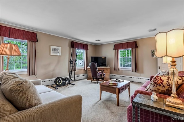 2810 Genesee St, Utica, NY 13502 - living room featuring a baseboard heating unit, carpet, and crown molding