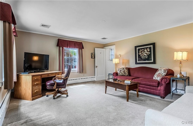 2810 Genesee St, Utica, NY 13502 - carpeted living room featuring ornamental molding, a baseboard radiator, and a desk