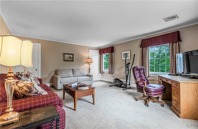 2810 Genesee St, Utica, NY 13502 - living area featuring ornamental molding, a baseboard radiator, carpet floors, and an office area