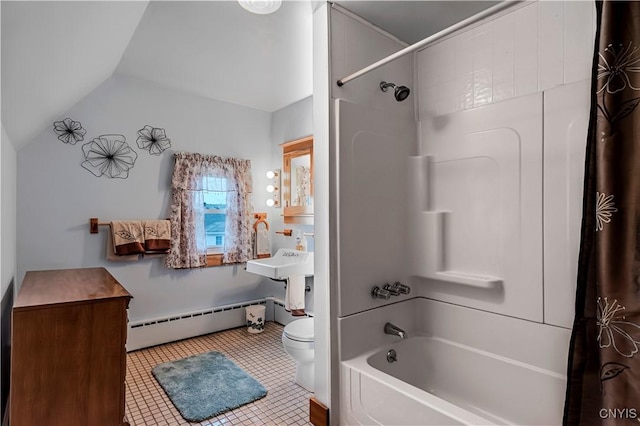 2810 Genesee St, Utica, NY 13502 - bathroom with a baseboard heating unit, toilet, shower / bath combo, vaulted ceiling, and tile patterned flooring