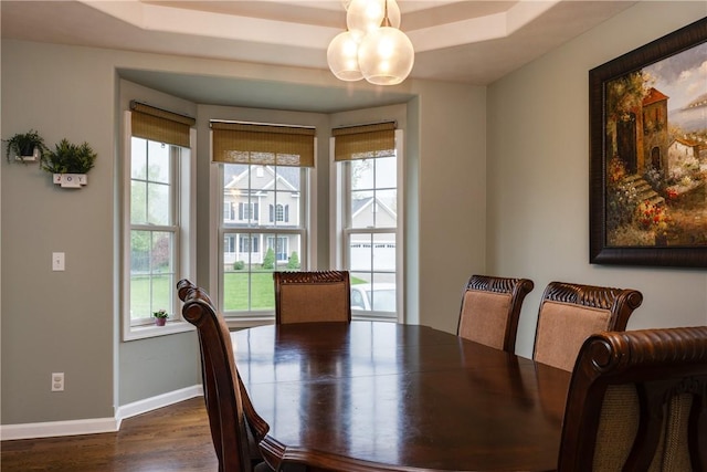 318 Wexford Ln, Horseheads, NY 14845 - dining space with baseboards, dark wood-type flooring, a raised ceiling, and a chandelier