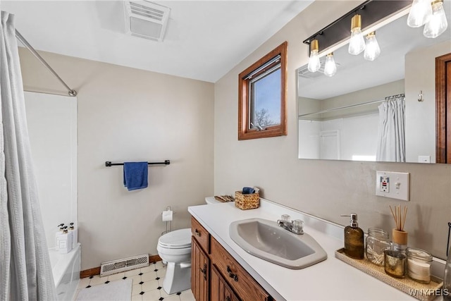full bath with toilet, vanity, baseboards, shower / tub combo with curtain, and tile patterned floors