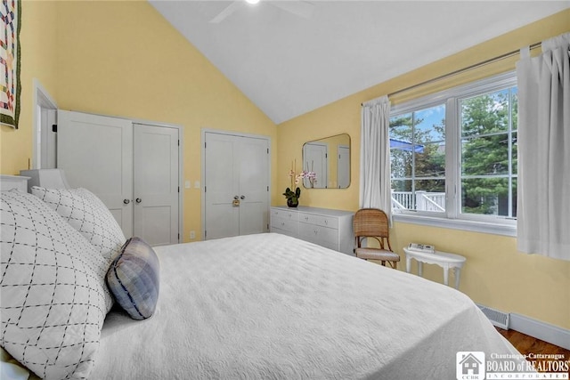 3 Maple Ave, Chautauqua, NY 14722 - bedroom with multiple closets, high vaulted ceiling, baseboards, wood finished floors, and ceiling fan