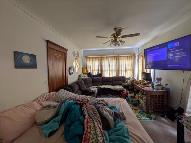 165 Pleasant St, Bradford-City, PA 16701 - carpeted living area featuring ceiling fan and ornamental molding