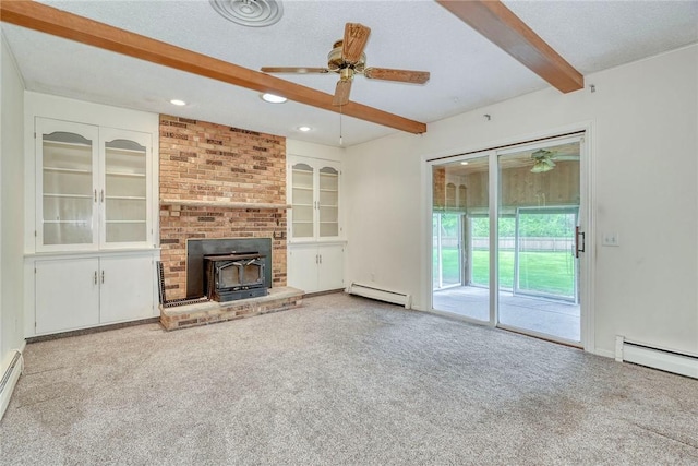 unfurnished living room featuring baseboard heating, beamed ceiling, carpet, a ceiling fan, and recessed lighting