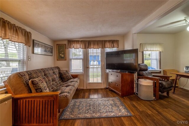 21 S Lake Rd, Deruyter, NY 13052 - living room featuring dark wood-type flooring, ceiling fan, and a textured ceiling