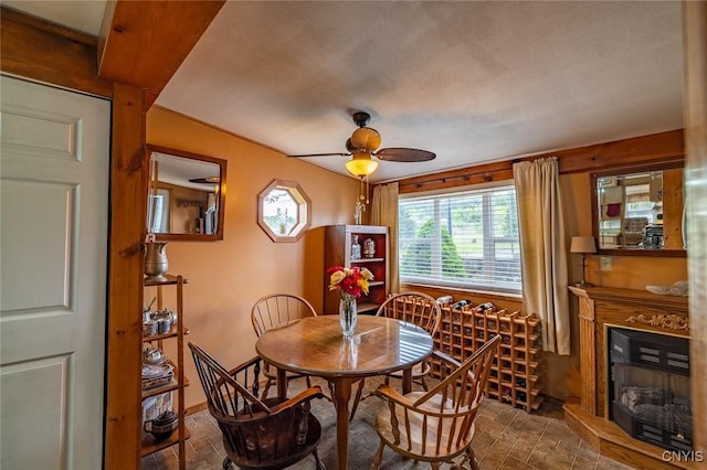 21 S Lake Rd, Deruyter, NY 13052 - dining space featuring a ceiling fan, healthy amount of natural light, dark stone finish flooring, and a fireplace with raised hearth