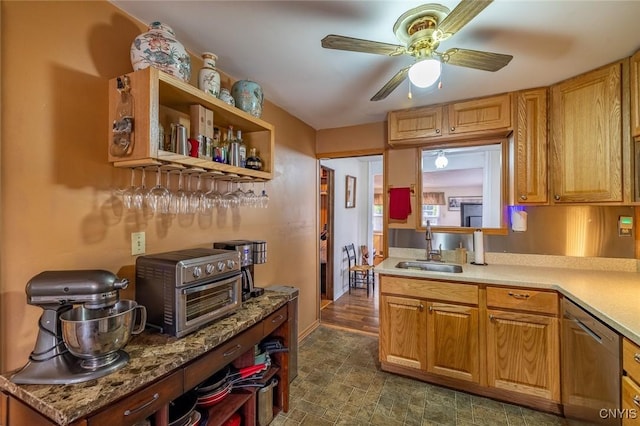 21 S Lake Rd, Deruyter, NY 13052 - kitchen featuring a sink, stainless steel dishwasher, a ceiling fan, open shelves, and light countertops