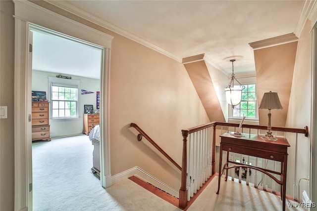 stairway featuring carpet flooring, crown molding, and baseboards