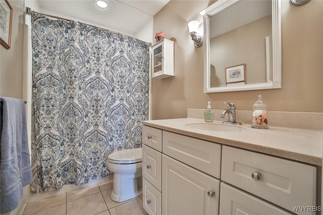 bathroom featuring toilet, tile patterned flooring, vanity, recessed lighting, and curtained shower