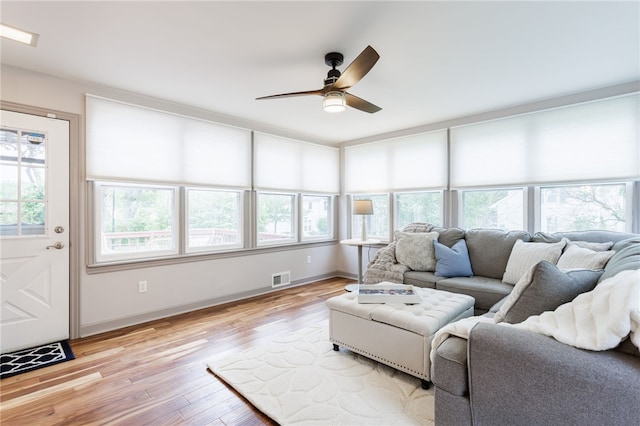 164 Elm Dr, Rochester, NY 14609 - living room with light wood-style flooring, a ceiling fan, and baseboards