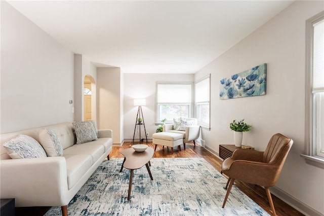 164 Elm Dr, Rochester, NY 14609 - living room featuring wood finished floors, baseboards, and arched walkways