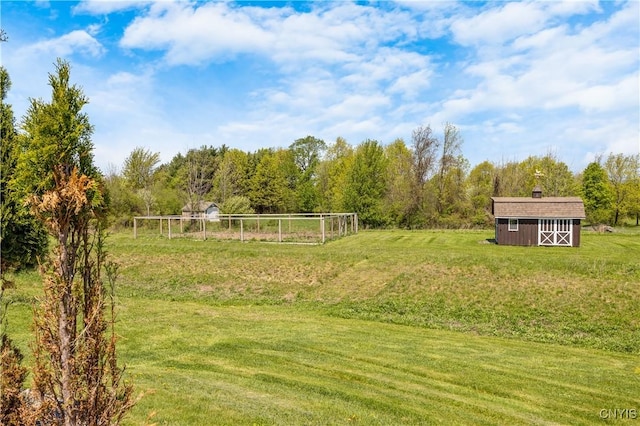 view of green lawn with an outbuilding and a storage unit