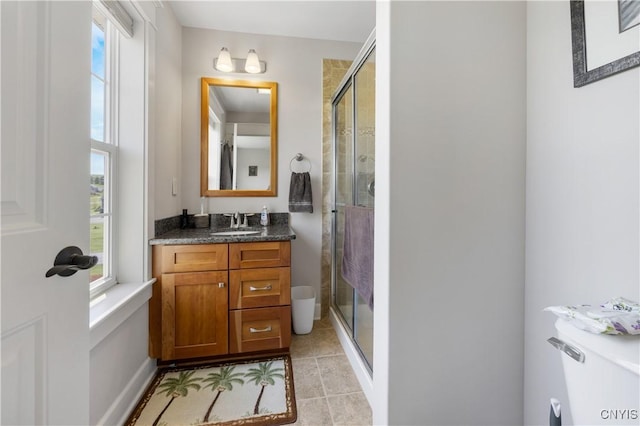 full bath with plenty of natural light, a shower stall, and vanity