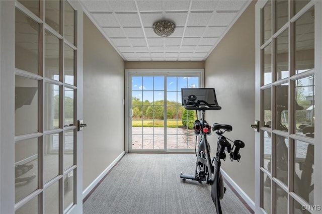 workout area with french doors, baseboards, carpet floors, and ornamental molding