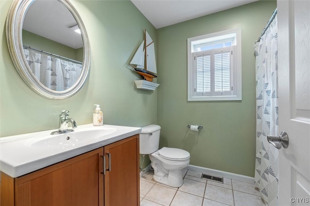 bathroom with tile patterned flooring, vanity, toilet, and baseboards