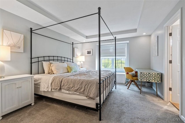 bedroom featuring carpet floors and a raised ceiling