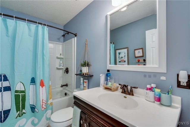 467 Barben Ave, Watertown-City, NY 13601 - bathroom with vanity, a textured ceiling, shower / bath combo with shower curtain, and toilet