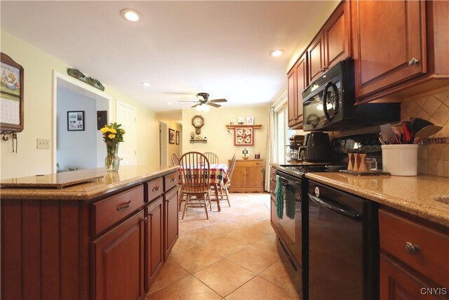 kitchen with black appliances, decorative backsplash, light stone counters, a ceiling fan, and recessed lighting