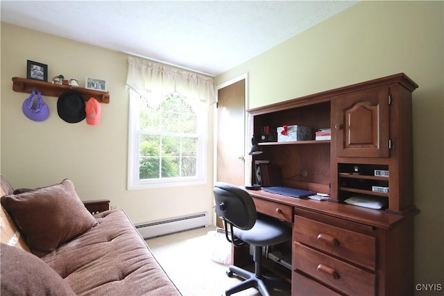 office with a baseboard radiator and light colored carpet