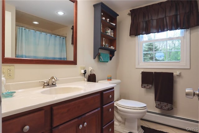 bathroom featuring a baseboard heating unit, tile patterned flooring, vanity, toilet, and recessed lighting