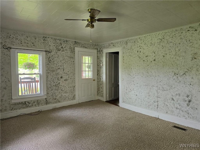 2282 Rte 305, Clarksville, NY 14727 - unfurnished room featuring ceiling fan, healthy amount of natural light, carpet flooring, wallpapered walls, and baseboards