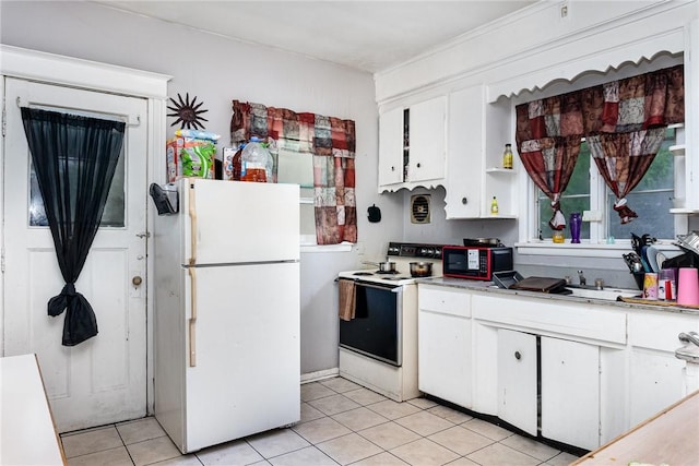kitchen with white appliances, light tile patterned floors, white cabinetry, light countertops, and open shelves