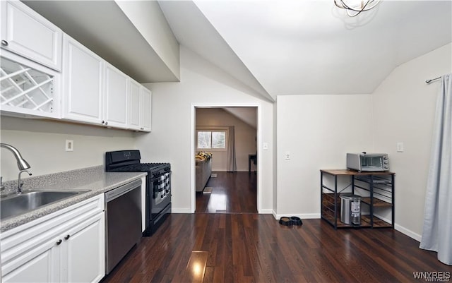 3912 Seneca St Unit 1, West Seneca, NY 14224 - kitchen featuring black gas range, stainless steel dishwasher, lofted ceiling, a sink, and dark wood finished floors