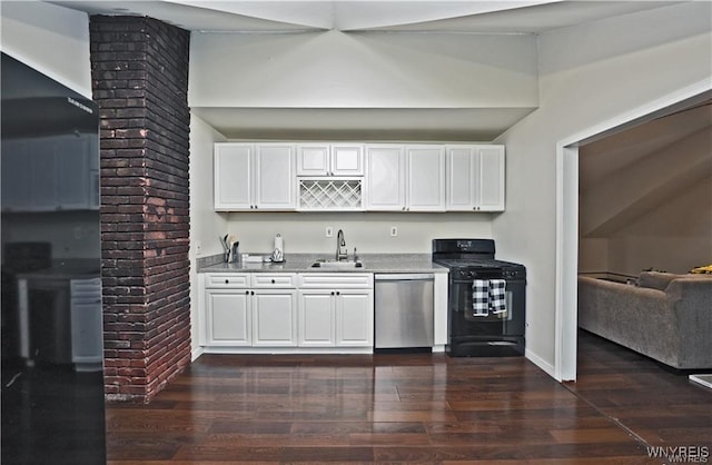 3912 Seneca St Unit 1, West Seneca, NY 14224 - kitchen featuring black appliances, a sink, white cabinets, dark wood-style flooring, and baseboards