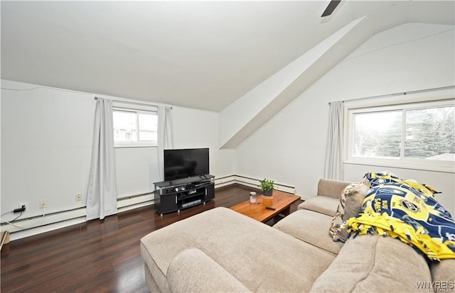 3912 Seneca St Unit 1, West Seneca, NY 14224 - living area with vaulted ceiling, wood finished floors, a baseboard heating unit, and a ceiling fan