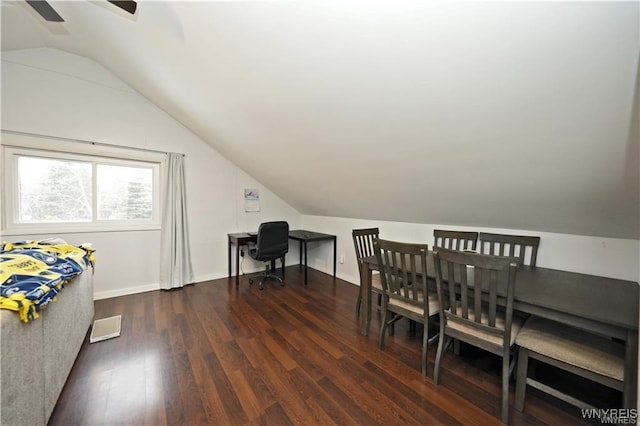 3912 Seneca St Unit 1, West Seneca, NY 14224 - dining space featuring vaulted ceiling, dark wood finished floors, ceiling fan, and baseboards