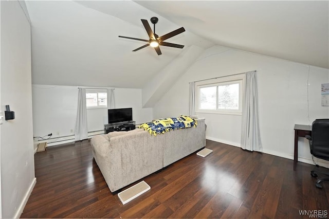 3912 Seneca St Unit 1, West Seneca, NY 14224 - living area with ceiling fan, vaulted ceiling, wood finished floors, baseboards, and baseboard heating