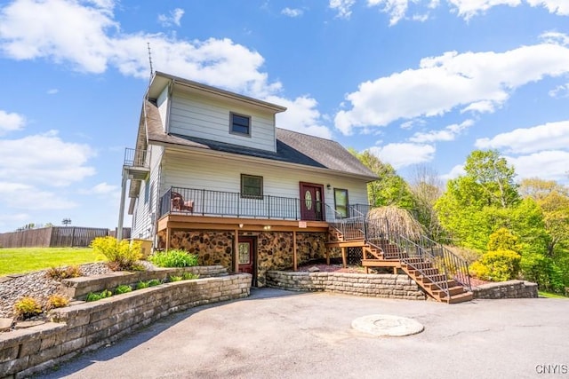 240 Mucky Run Rd, Frankfort, NY 13340 - view of front of property featuring stairs, a deck, stone siding, and a patio