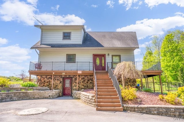 240 Mucky Run Rd, Frankfort, NY 13340 - view of front of home featuring stairs, stone siding, a porch, and roof with shingles