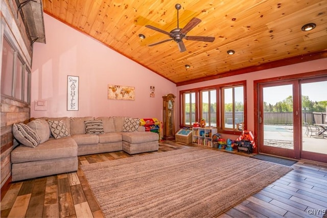 240 Mucky Run Rd, Frankfort, NY 13340 - living room with lofted ceiling, wood ceiling, wood-type flooring, plenty of natural light, and ceiling fan