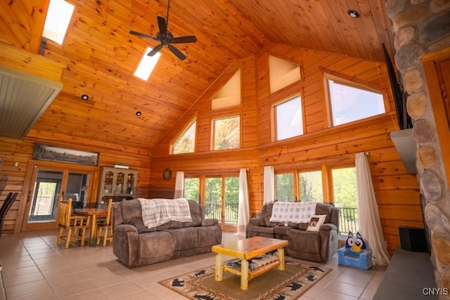 240 Mucky Run Rd, Frankfort, NY 13340 - living room featuring wood walls, light tile patterned floors, high vaulted ceiling, plenty of natural light, and wooden ceiling