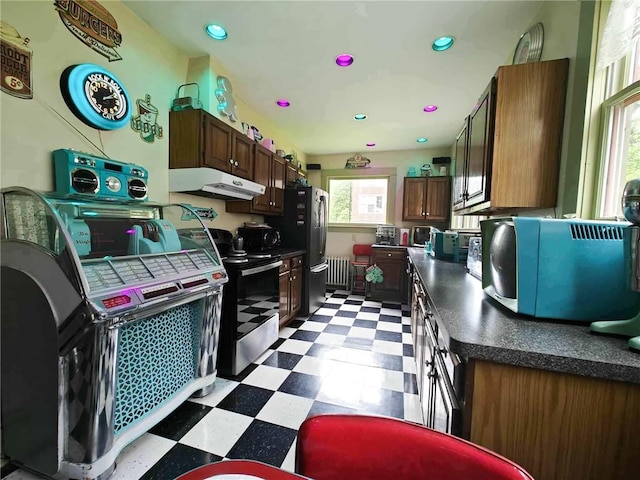 440 Park Ave, Barton, NY 14892 - kitchen with under cabinet range hood, light flooring, appliances with stainless steel finishes, dark countertops, and radiator