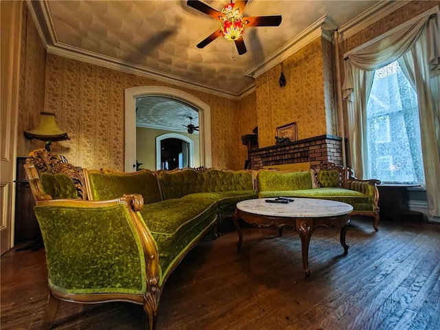 440 Park Ave, Barton, NY 14892 - sitting room with ceiling fan, crown molding, plenty of natural light, wood-type flooring, and wallpapered walls