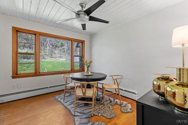 10 S Ten Eyck Ave, Cazenovia, NY 13035 - dining area with baseboard heating, wood finished floors, ceiling fan, and wooden ceiling