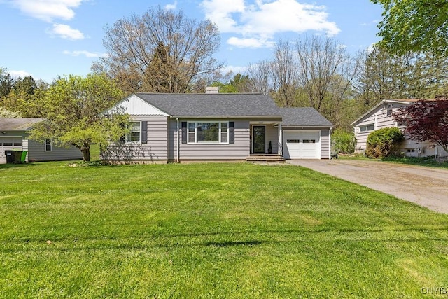 10 S Ten Eyck Ave, Cazenovia, NY 13035 - single story home with a garage, driveway, a chimney, and a front lawn