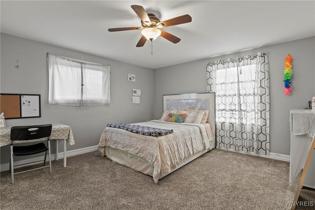 bedroom featuring carpet, ceiling fan, and baseboards