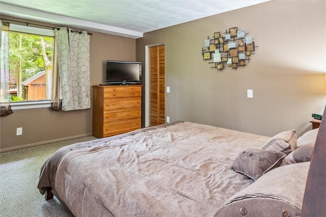 carpeted bedroom with baseboards and a closet