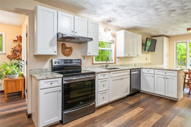 kitchen featuring appliances with stainless steel finishes, under cabinet range hood, a sink, a peninsula, and dark wood-style flooring