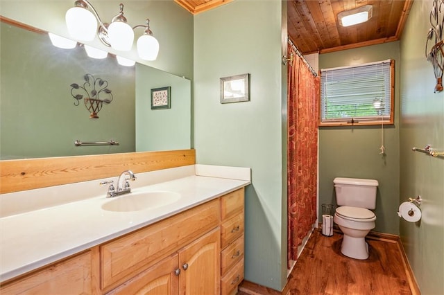 bathroom with wood finished floors, wood ceiling, toilet, vanity, and baseboards