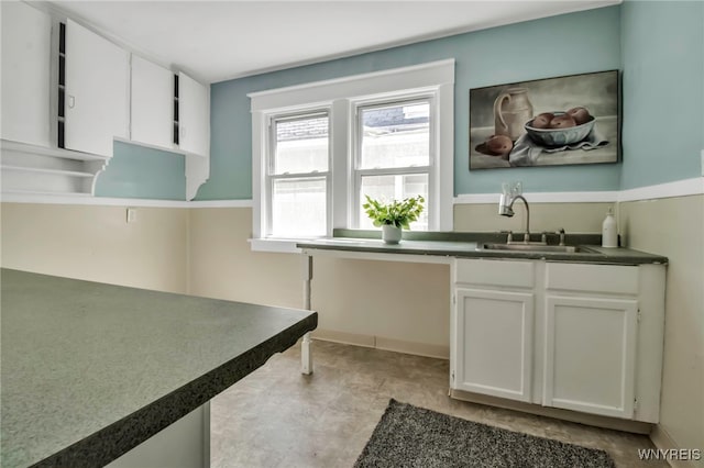 2254 Grand Ave, Niagara Falls, NY 14301 - kitchen featuring a sink, white cabinetry, dark countertops, and open shelves